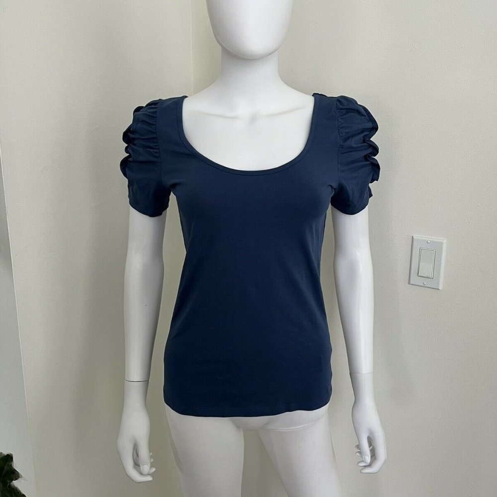 REISS Navy Ruched Short Sleeve Scoop Neck Stretch Cotton Shirt